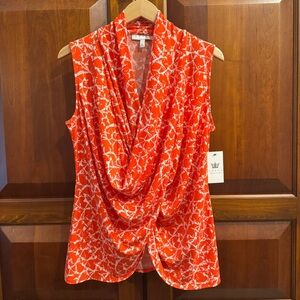 NWT CHAUS New York Women's Orange Leaf Print Faux Wrap Sleeveless Top Size L